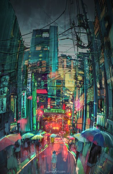 Anime picture 1500x2304 with original yuumei tall image short hair standing multiple girls signed blue hair sky cloud (clouds) outdoors multiple boys bare legs city rain scenic street real world location colorful tokyo