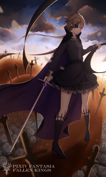 Anime picture 1800x3000 with original pixiv fantasia pixiv fantasia fallen kings ephatisa mami (shinmik) single long hair tall image fringe highres brown hair standing twintails holding looking away sky cloud (clouds) pink eyes sunlight inscription