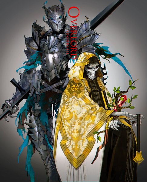 Anime picture 700x865 with overlord (maruyama) madhouse ainz ooal gown touch me horocca tall image looking at viewer simple background standing sitting grey background multiple boys copyright name skeleton boy weapon sword armor hood 2 boys