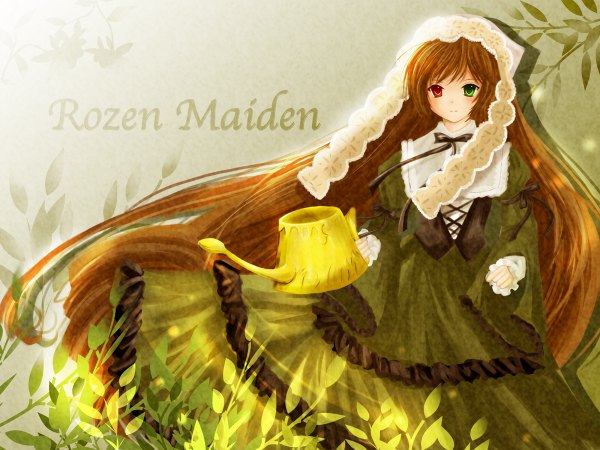 Anime picture 1200x900 with rozen maiden suiseiseki single brown hair very long hair wallpaper copyright name heterochromia girl watering can