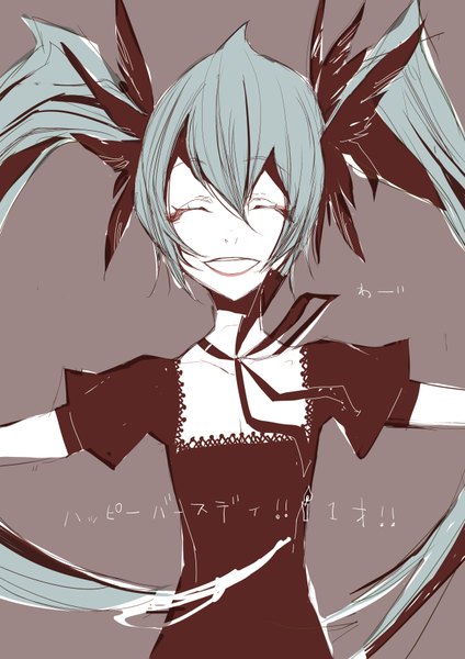 Anime picture 2480x3507 with vocaloid hatsune miku chalk karasu single long hair tall image highres simple background smile twintails eyes closed aqua hair inscription puffy sleeves spread arms girl dress ribbon (ribbons)