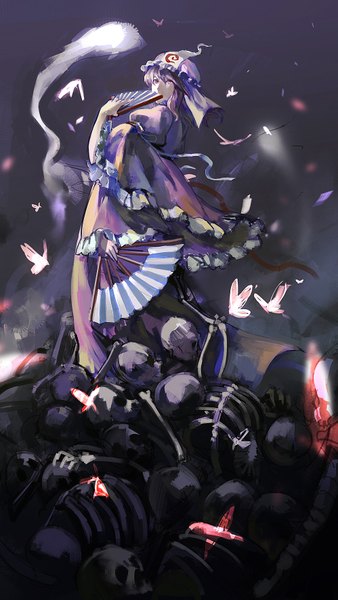 Anime picture 997x1769 with touhou saigyouji yuyuko kzcjimmy single tall image short hair pink hair long sleeves pink eyes ghost bone (bones) girl ribbon (ribbons) frills insect butterfly bonnet fan skull