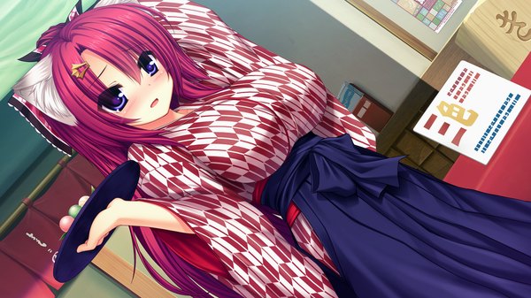 Anime picture 1280x720 with yakimochi stream ibuki kohane syroh single long hair blush breasts open mouth blue eyes wide image large breasts animal ears game cg red hair traditional clothes cat ears girl