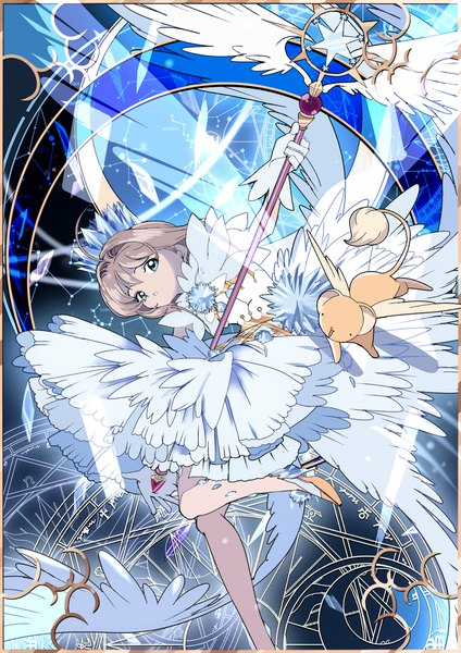 Anime picture 1415x2000 with card captor sakura clamp kinomoto sakura kero (cardcaptor sakura) edoya inuhachi single tall image looking at viewer fringe short hair hair between eyes brown hair holding green eyes ahoge bent knee (knees) parted lips white wings magical girl constellation