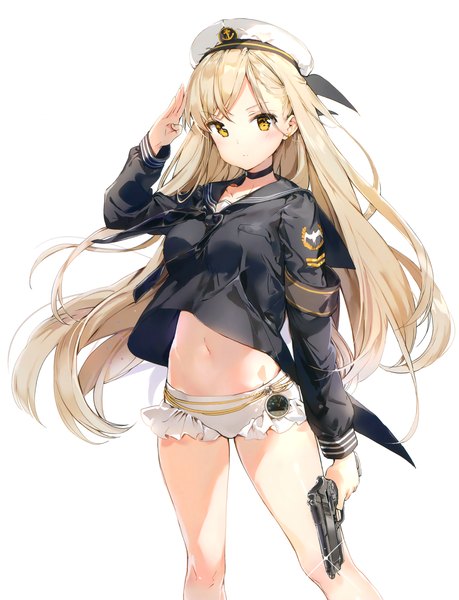 Anime picture 2132x2783 with original anmi single long hair tall image highres light erotic simple background blonde hair white background yellow eyes girl underwear panties weapon hat gun sailor suit pistol sailor hat