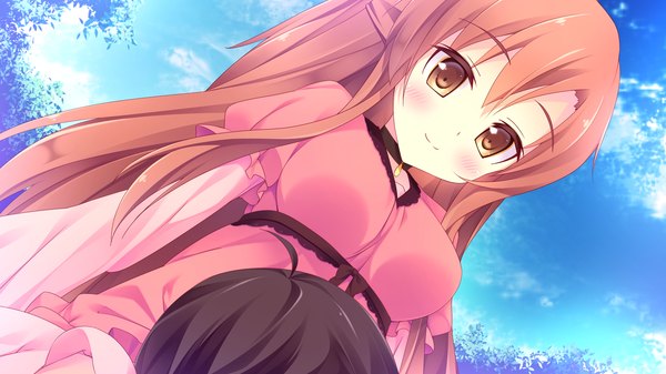 Anime picture 2168x1220 with zutto sukishite takusan sukishite long hair blush highres smile brown hair wide image brown eyes game cg sky cloud (clouds) girl dress boy