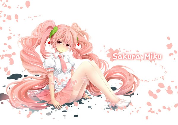 Anime picture 1000x701 with vocaloid hatsune miku sakura miku ranase single long hair looking at viewer blush twintails pink hair pink eyes character names girl thighhighs skirt flower (flowers) shirt petals white thighhighs necktie