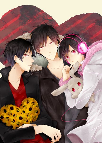 Anime picture 2122x2976 with durarara!! brains base (studio) orihara izaya tall image highres black hair smile lying pink eyes multiple persona boy jacket heart headphones toy stuffed animal suit bunny