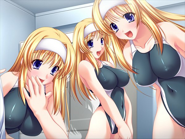 Anime picture 1024x768 with suisui -sweetheart swimmer (game) long hair open mouth blue eyes light erotic blonde hair multiple girls game cg girl swimsuit 3 girls