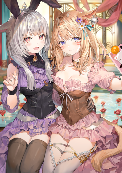 Anime picture 1000x1414 with final fantasy final fantasy xiv square enix miqo'te momoko (momopoco) long hair tall image looking at viewer blush fringe breasts open mouth blue eyes blonde hair smile red eyes holding animal ears cleavage silver hair