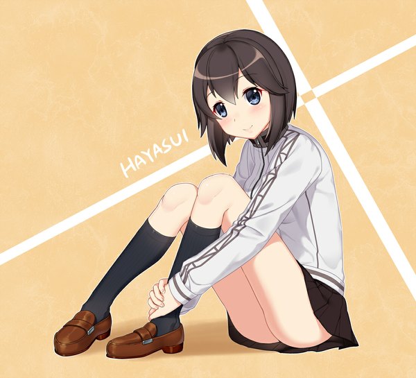 Anime picture 1100x1000 with kantai collection hayasui fleet oiler cnm single blush fringe short hair blue eyes light erotic simple background smile brown hair sitting looking away head tilt pleated skirt fingernails legs character names girl