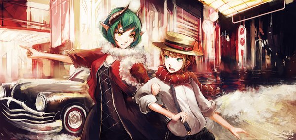Anime picture 1600x762 with saimon ma short hair open mouth brown hair wide image green eyes yellow eyes horn (horns) green hair pointy ears pointing twisty sleeves street girl dress hat scarf fur ground vehicle car