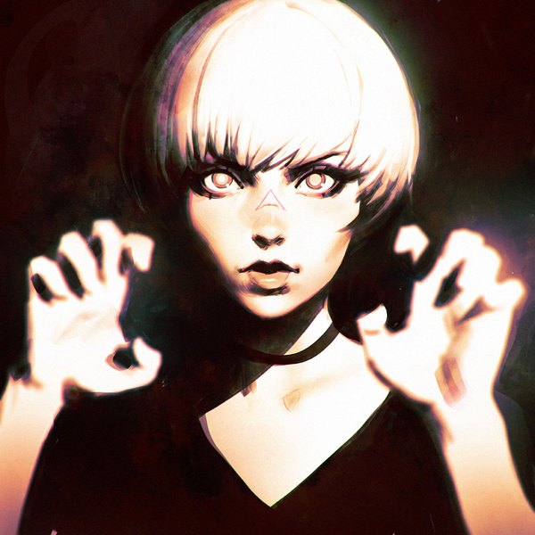 Anime picture 1080x1080 with ilya kuvshinov single fringe short hair red eyes white hair lips arms up black background monochrome claw pose girl