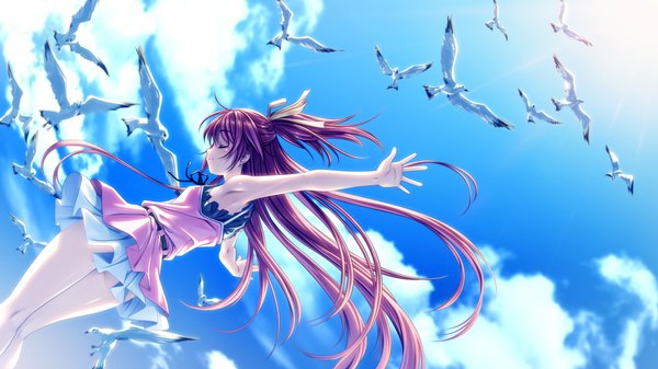 Anime picture 1280x720 with dolphin divers ogura minamo senomoto hisashi long hair wide image game cg cloud (clouds) red hair eyes closed spread arms girl animal bird (birds) sundress