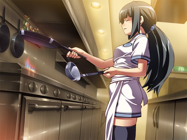 Anime picture 1024x768 with hotel (game) long hair black hair game cg eyes closed cooking girl thighhighs black thighhighs apron