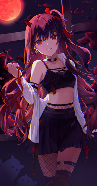 Anime-Bild 1461x2788 mit original nanna (heyj2888) single long hair tall image looking at viewer blush fringe black hair smile hair between eyes red eyes standing holding cloud (clouds) parted lips pleated skirt arm up horn (horns) off shoulder