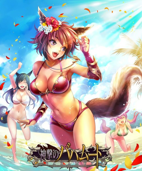 Anime picture 747x900 with shingeki no bahamut lan feng long hair tall image short hair breasts open mouth light erotic smile brown hair large breasts purple eyes multiple girls animal ears pink hair sky tail eyes closed :d animal tail