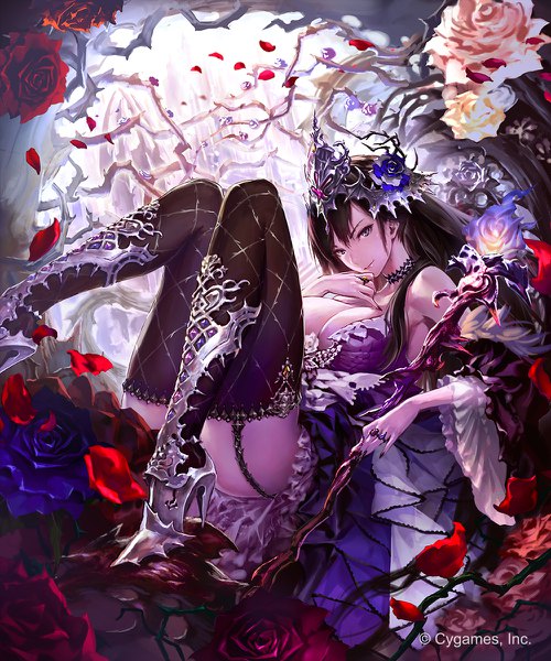 Anime picture 1000x1200 with shingeki no bahamut granblue fantasy rose queen hisakata souji single long hair tall image looking at viewer fringe breasts light erotic black hair smile hair between eyes large breasts bare shoulders cleavage bent knee (knees) lying fingernails