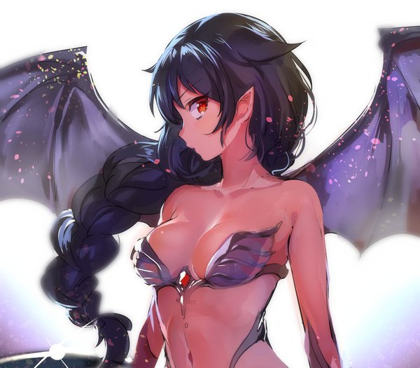 Anime picture 940x823 with original konbu wakame single long hair breasts light erotic black hair simple background white background braid (braids) profile pointy ears orange eyes single braid demon girl black wings demon wings girl navel wings