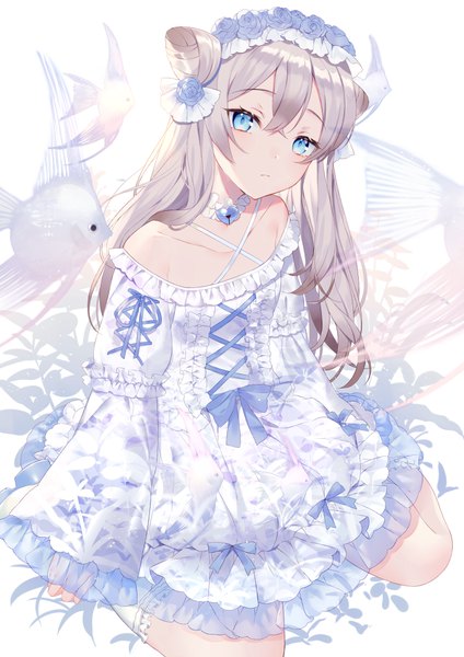 Anime picture 706x1000 with original achiki single long hair tall image looking at viewer blush fringe blue eyes simple background hair between eyes white background sitting bare shoulders silver hair head tilt off shoulder wide sleeves hair bun (hair buns) wariza
