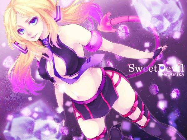 Anime picture 1024x768 with vocaloid lily (vocaloid) single long hair blue eyes light erotic blonde hair tail midriff girl fingerless gloves
