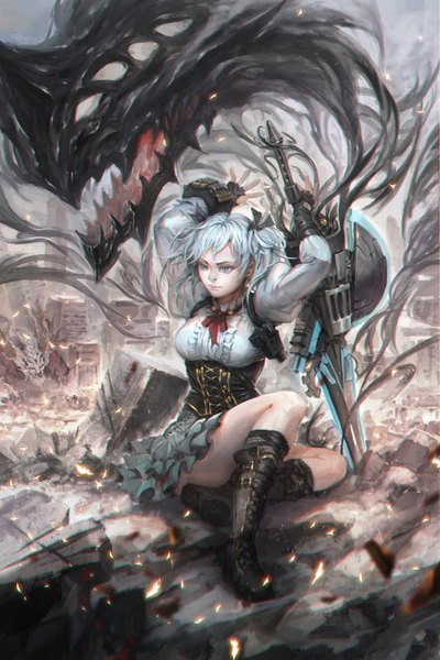 Anime picture 1000x1500 with god eater god eater 2 ufotable ciel alencon xiansheng single long hair tall image fringe breasts blue eyes sitting twintails holding long sleeves grey hair arms up girl gloves weapon