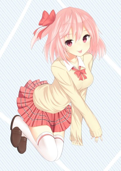 Anime picture 1000x1414 with original morinaoekaki single tall image short hair red eyes pink hair :p girl thighhighs skirt miniskirt white thighhighs sweater