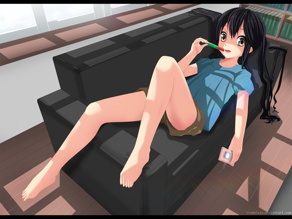 Anime picture 1600x1198 with k-on! kyoto animation nakano azusa tremblax single long hair open mouth black hair brown eyes lying sunlight legs coloring letterboxed girl food shorts window sweets couch