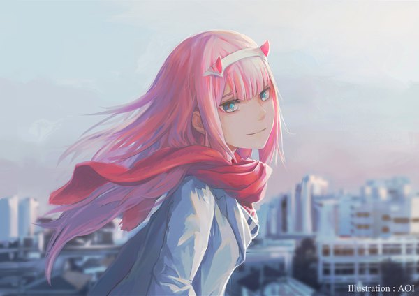 Anime picture 2047x1447 with darling in the franxx studio trigger zero two (darling in the franxx) aoi (g42gyyqi) single long hair looking at viewer fringe highres signed pink hair upper body outdoors horn (horns) aqua eyes wind girl scarf headband red scarf