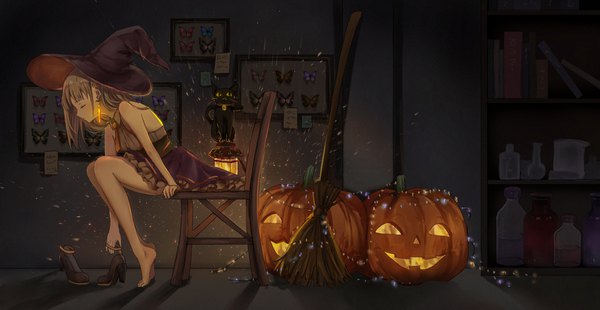 Anime picture 1935x1000 with original catzz single long hair fringe highres breasts blonde hair wide image sitting bare shoulders full body indoors eyes closed barefoot sleeveless glowing halloween shoes removed girl