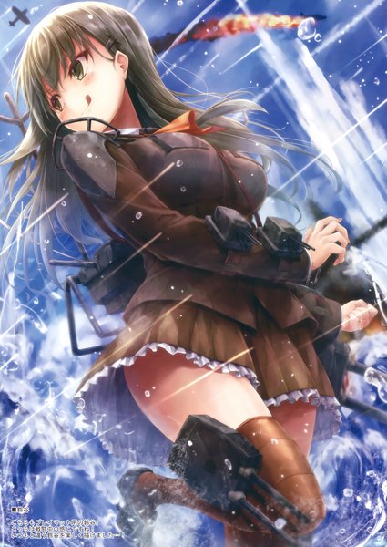 Anime picture 2398x3385 with kantai collection suzuya heavy cruiser suien single long hair tall image highres smile brown hair brown eyes looking away scan girl thighhighs skirt uniform weapon miniskirt water tongue