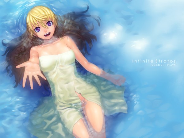 Anime picture 2560x1920 with infinite stratos 8bit charles dunois lasterk single long hair highres open mouth light erotic blonde hair purple eyes lying inscription wet naked towel cropped girl water towel