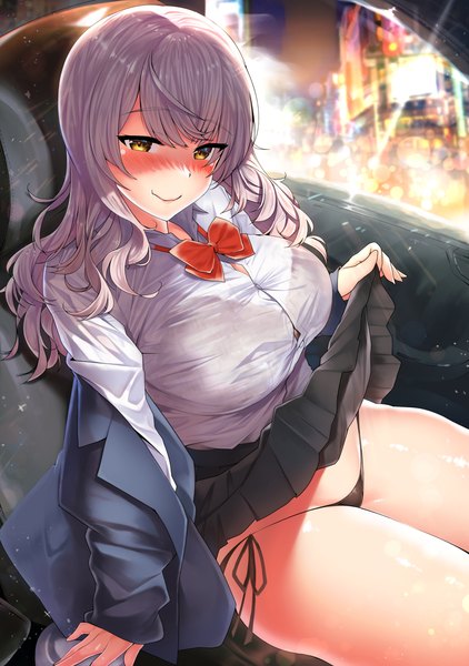 Anime picture 1020x1450 with original kawai (purplrpouni) single long hair tall image looking at viewer blush fringe breasts light erotic smile large breasts sitting holding yellow eyes silver hair blunt bangs pleated skirt off shoulder night
