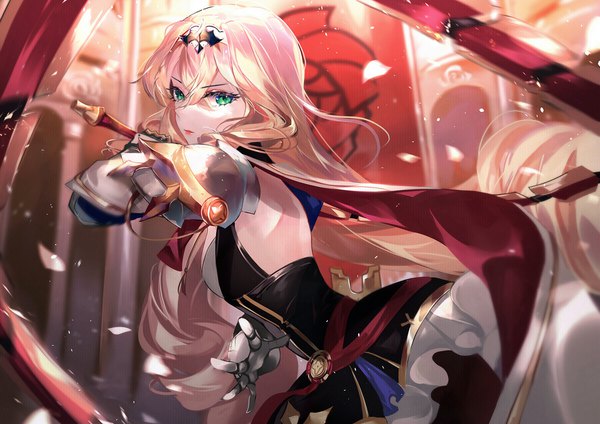 Anime picture 1800x1272 with epic seven lidica (epic7) vardan single long hair looking at viewer fringe highres blonde hair hair between eyes standing holding green eyes indoors floating hair turning head fighting stance girl hair ornament weapon