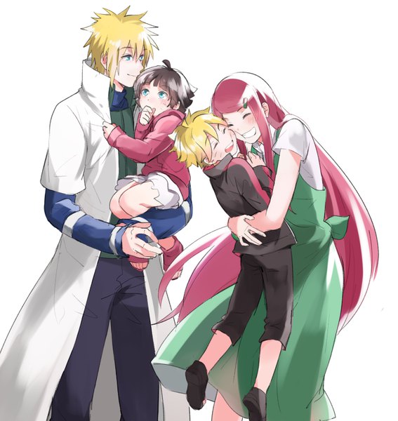 Anime picture 756x800 with naruto studio pierrot naruto (series) namikaze minato uzumaki kushina uzumaki boruto uzumaki himawari warable long hair tall image short hair open mouth blue eyes black hair simple background blonde hair smile white background multiple girls pink hair