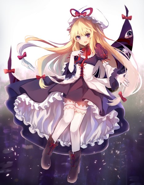 Anime picture 1944x2492 with touhou yakumo yukari tare nu (usesase) single long hair tall image looking at viewer blush highres open mouth blonde hair purple eyes eyes girl thighhighs dress gloves bow hair bow detached sleeves
