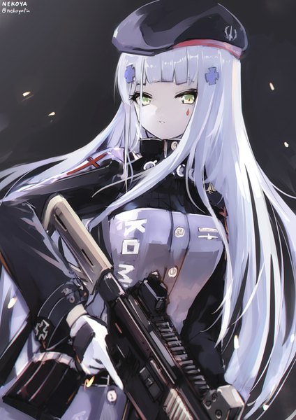 Anime picture 724x1024 with girls frontline hk416 (girls frontline) nekoya (liu) single long hair tall image looking at viewer fringe simple background standing holding green eyes signed silver hair blunt bangs long sleeves parted lips facial mark black background iron cross