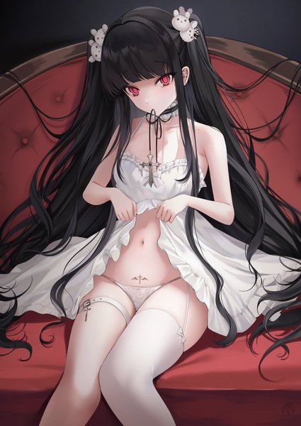 Anime picture 2834x4000 with original ompf single tall image looking at viewer blush fringe highres light erotic black hair red eyes sitting bare shoulders holding blunt bangs very long hair head tilt tattoo two side up piercing