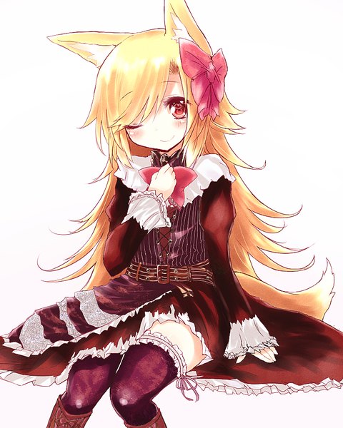 Anime picture 800x1000 with original naomi (sekai no hate no kissaten) single long hair tall image looking at viewer blush blonde hair smile red eyes sitting animal ears tail animal tail one eye closed wink fox ears fox tail girl thighhighs