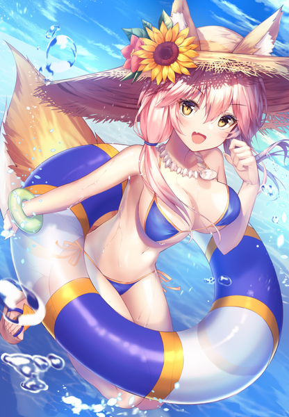 Anime picture 824x1189 with fate (series) fate/grand order tamamo (fate) (all) tamamo no mae (swimsuit lancer) (fate) merryj single long hair tall image looking at viewer fringe breasts light erotic hair between eyes large breasts yellow eyes pink hair sky fang (fangs) underboob low ponytail