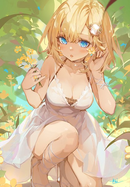 Anime picture 1047x1500 with virtual youtuber hololive hololive english watson amelia akizero1510 single tall image looking at viewer fringe short hair breasts open mouth blue eyes light erotic blonde hair hair between eyes large breasts cleavage outdoors nail polish