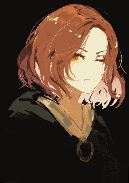 Anime picture 578x818 with elden ring melina (elden ring) huainian guoqu single tall image looking at viewer short hair simple background brown hair upper body one eye closed orange eyes black background pout girl