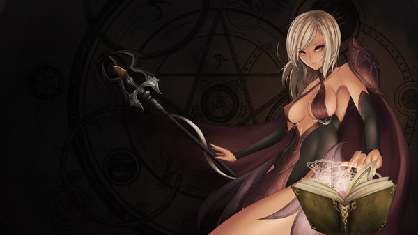 Anime picture 1920x1080 with dragon nest sorceress (dragon nest) maximebb single highres short hair light erotic red eyes wide image grey hair erect nipples magic covered nipples tan girl book (books) staff magic circle