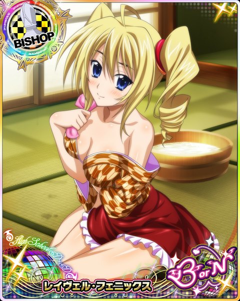 Anime picture 640x800 with highschool dxd ravel phenex single tall image blush short hair breasts blue eyes light erotic blonde hair smile twintails bare shoulders ahoge traditional clothes japanese clothes inscription bare legs drill hair hieroglyph
