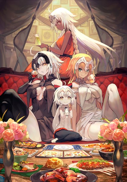 Anime picture 1042x1494 with fate (series) fate/grand order fate/apocrypha jeanne d'arc (fate) (all) jeanne d'arc alter (fate) jeanne d'arc (fate) jeanne d'arc alter santa lily (fate) lakshmibai (fate/grand order) lack long hair tall image looking at viewer fringe short hair breasts light erotic blonde hair hair between eyes red eyes large breasts