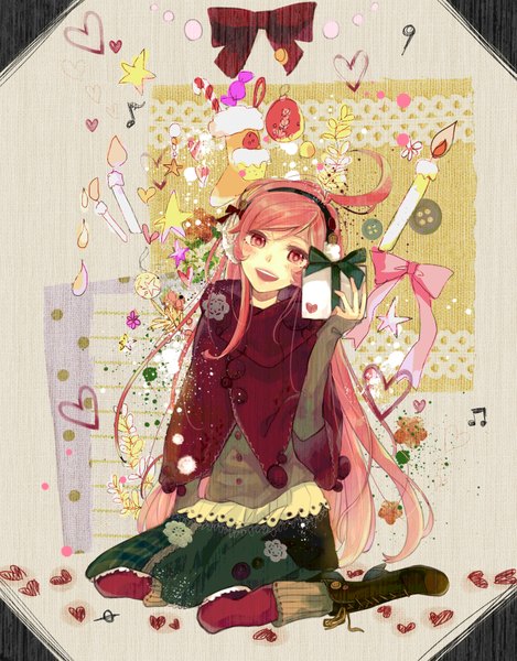 Anime picture 1415x1808 with vocaloid miki (vocaloid) vient single long hair tall image open mouth sitting pink hair ahoge pink eyes girl bow boots heart headphones gift candle (candles) musical note