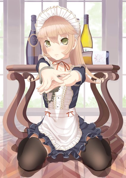 Anime picture 1200x1697 with original throtem single long hair tall image blush fringe blonde hair sitting green eyes indoors shadow maid kneeling outstretched arm reflection girl thighhighs uniform black thighhighs