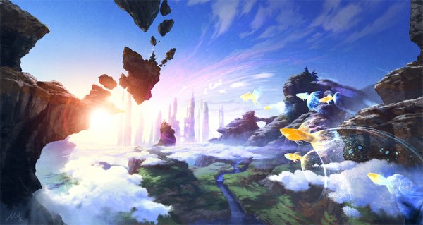 Anime picture 1000x532 with original mocha (cotton) wide image cloud (clouds) city mountain no people landscape fantasy scenic river floating island animal building (buildings) fish (fishes) skyscraper island