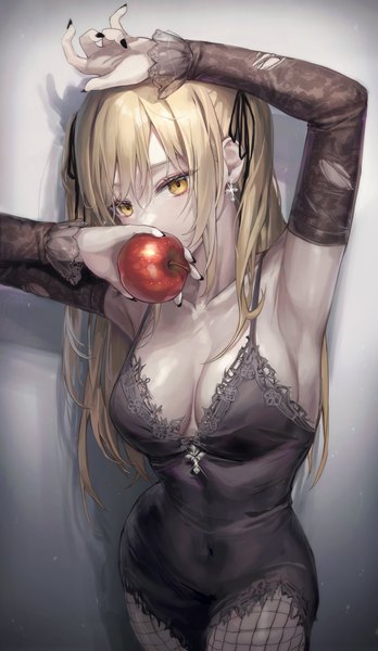 Anime picture 2374x4096 with death note madhouse amane misa aibek single long hair tall image looking at viewer fringe highres breasts light erotic simple background blonde hair standing holding yellow eyes payot cleavage nail polish