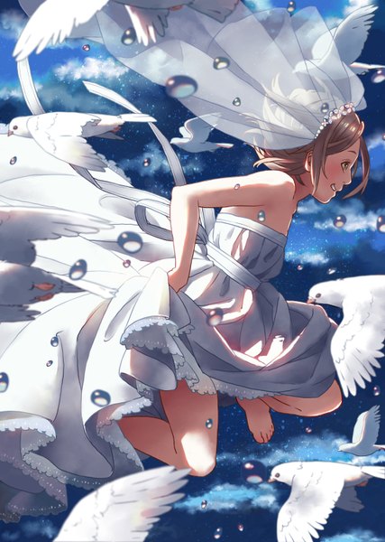 Anime picture 1100x1544 with original pood1e (pixiv 2801977) single tall image blush short hair smile brown hair bare shoulders brown eyes sky cloud (clouds) barefoot flying jumping wedding girl dress ribbon (ribbons) animal